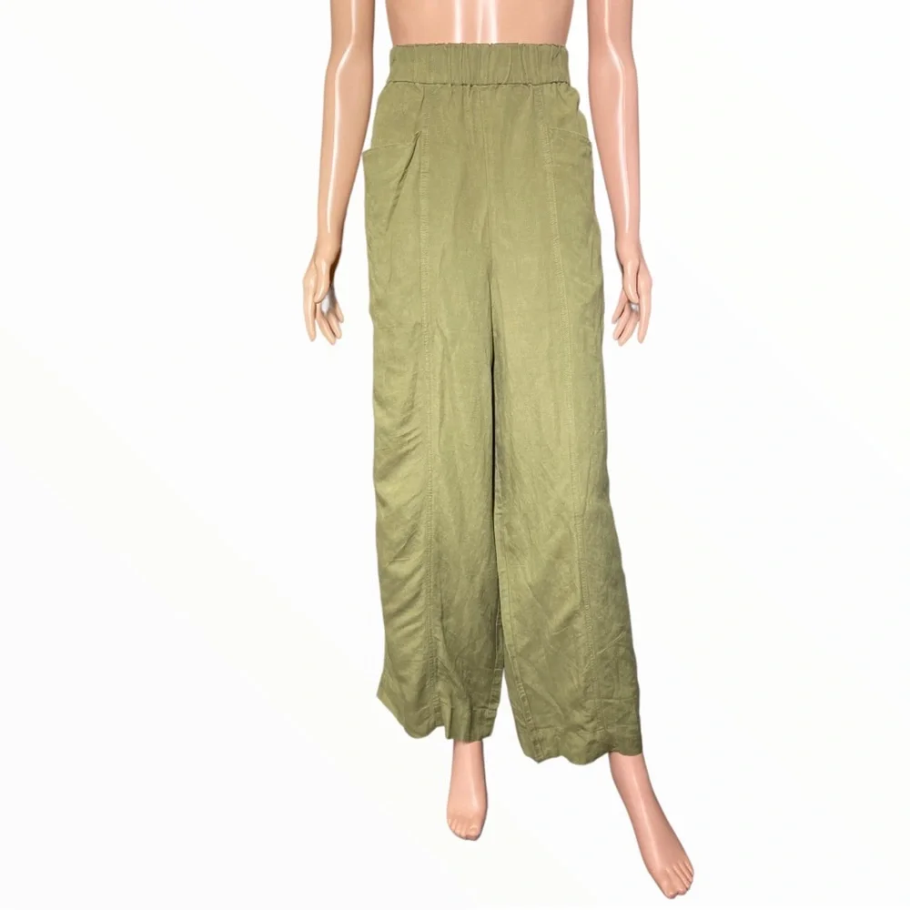 MADEWELL Olive Green Elastic Waist Pull-On Linen Blend Wide-Leg Relaxed Pants L - Picture 2 of 8